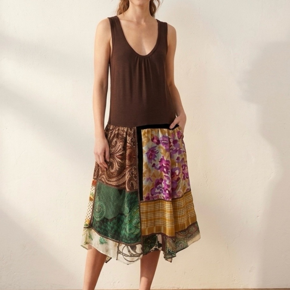 Anthropologie TINY Mixed Media Midi Dress Silk Patchwork Skirt Cotton Knit Top M